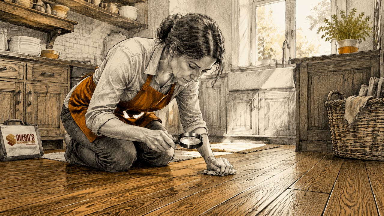 Woman inspecting hardwood floor surface