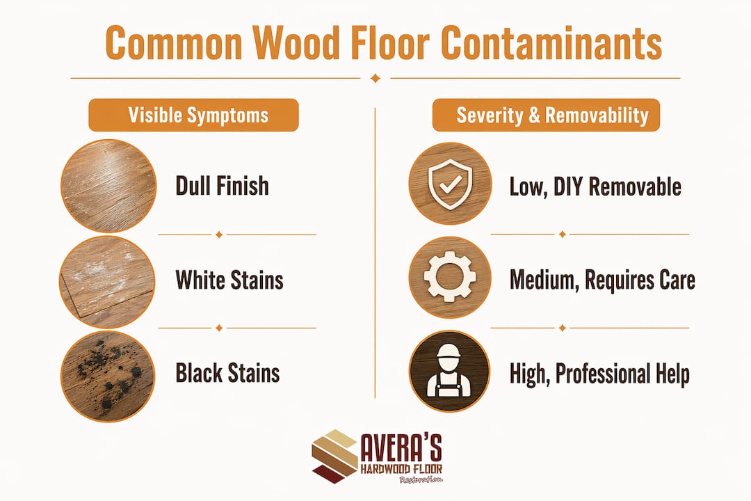 Infographic showing comparison of wood floor contaminant symptoms and removability