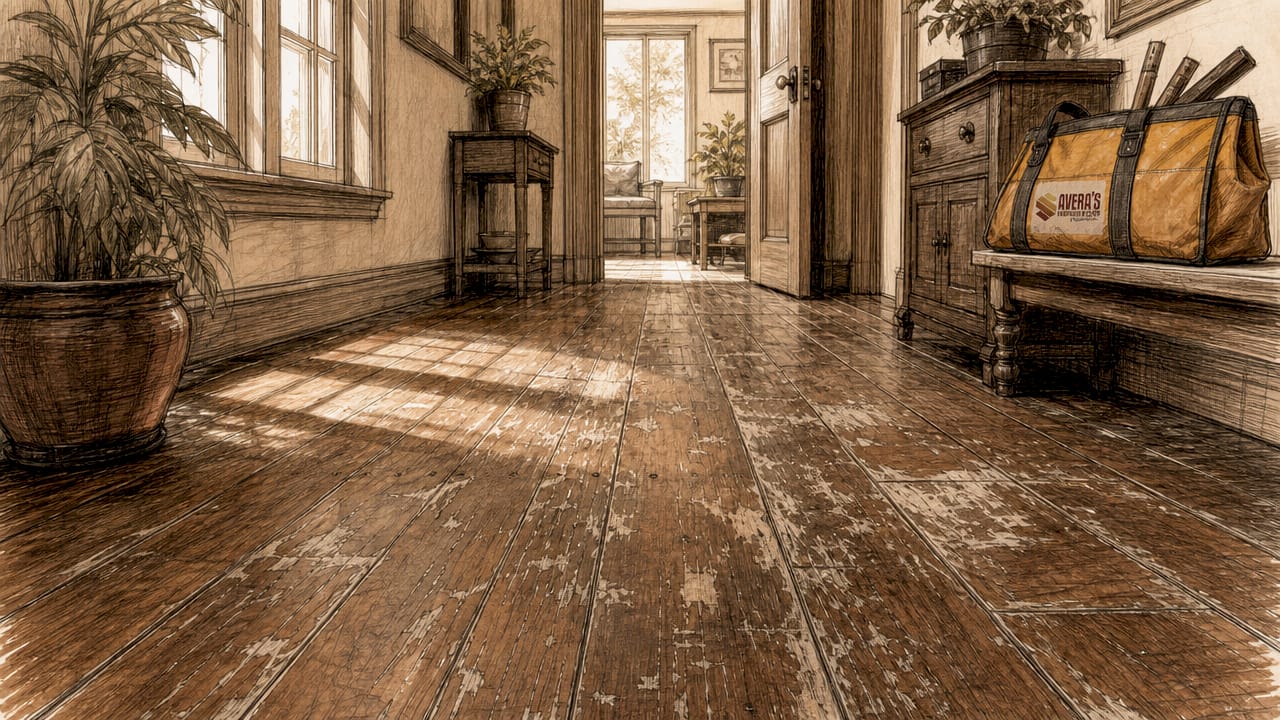 Close-up of dull scratched hardwood floor