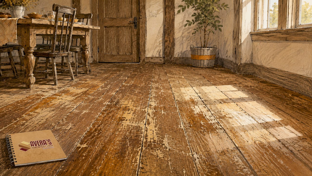 Close-up of worn scratched hardwood floor