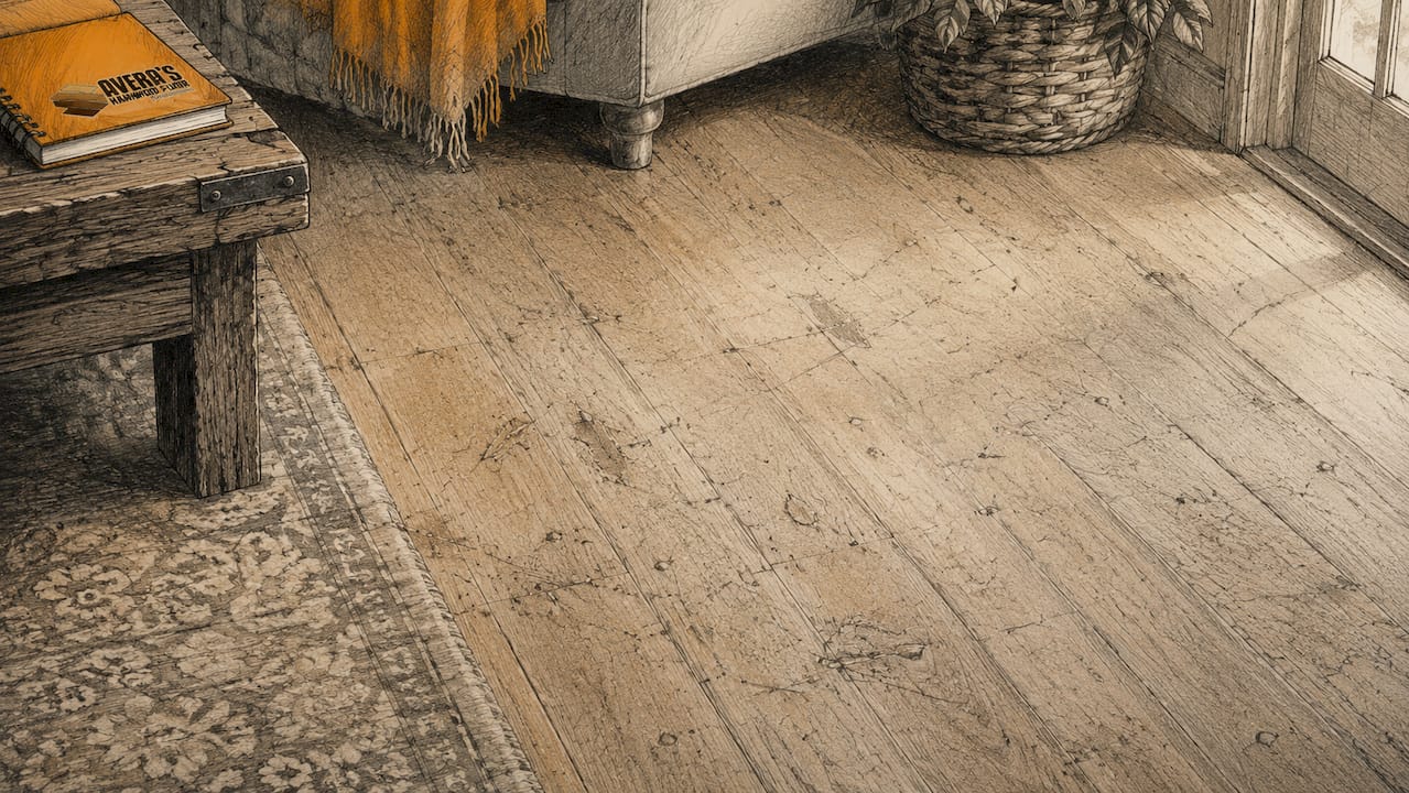 Close-up of worn and scratched hardwood floor
