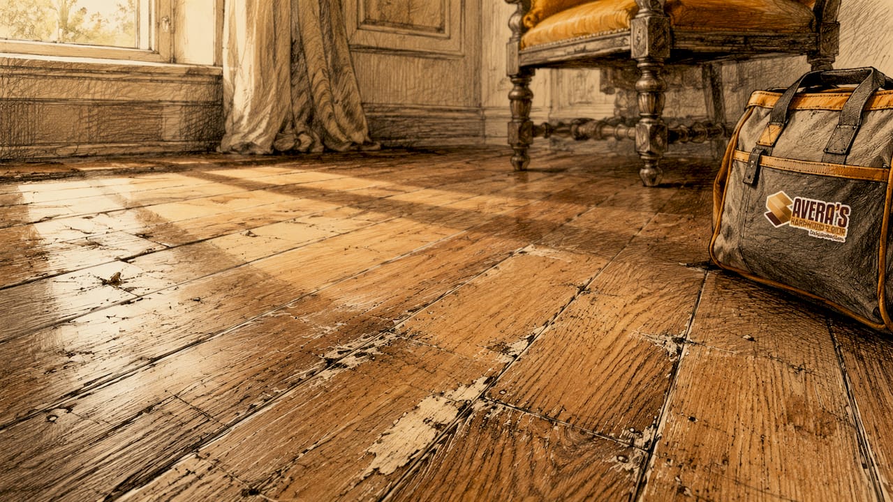 Close-up of scratched hardwood floor