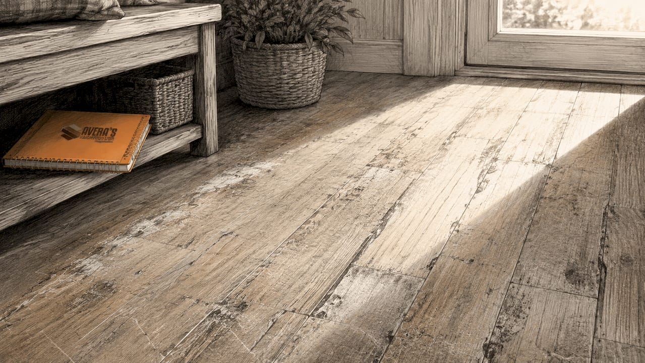 Closeup of scratched, worn hardwood floor
