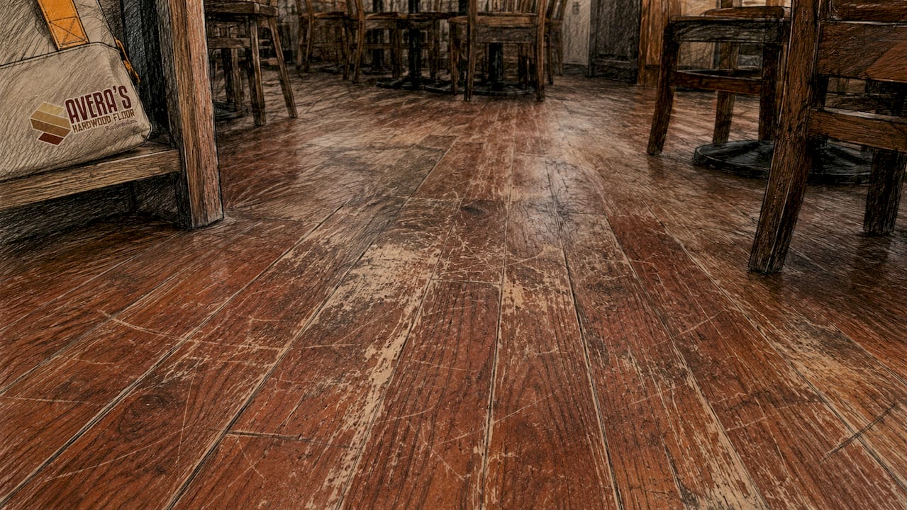 Close-up wear on scratched hardwood floor