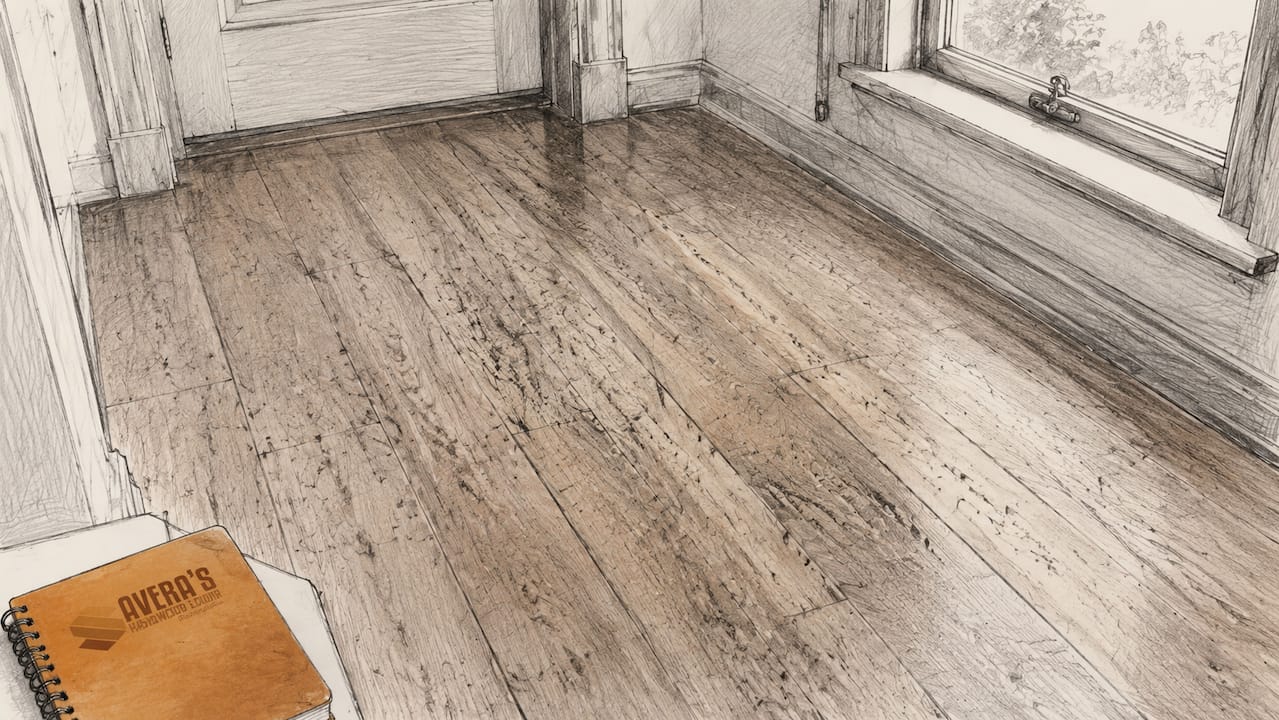 Close-up of worn, scratched hardwood flooring