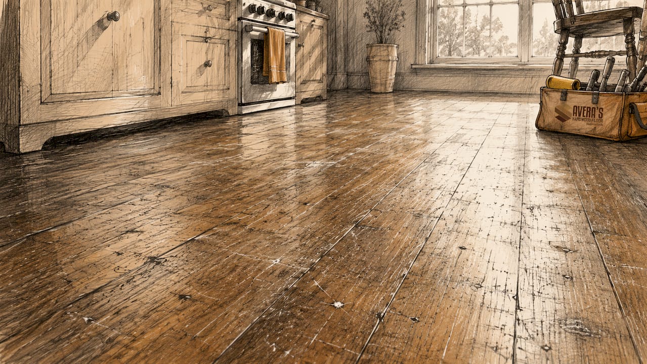 Close-up of scratched hardwood floor