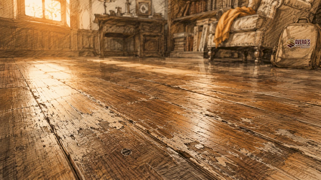 Close-up worn scratched hardwood floor