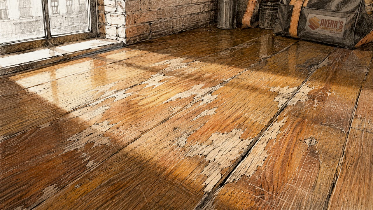Close-up of dull scratched hardwood floor surface