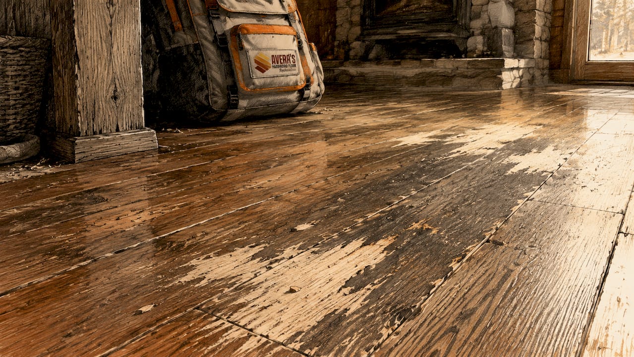 Close-up worn scratched dull hardwood floor