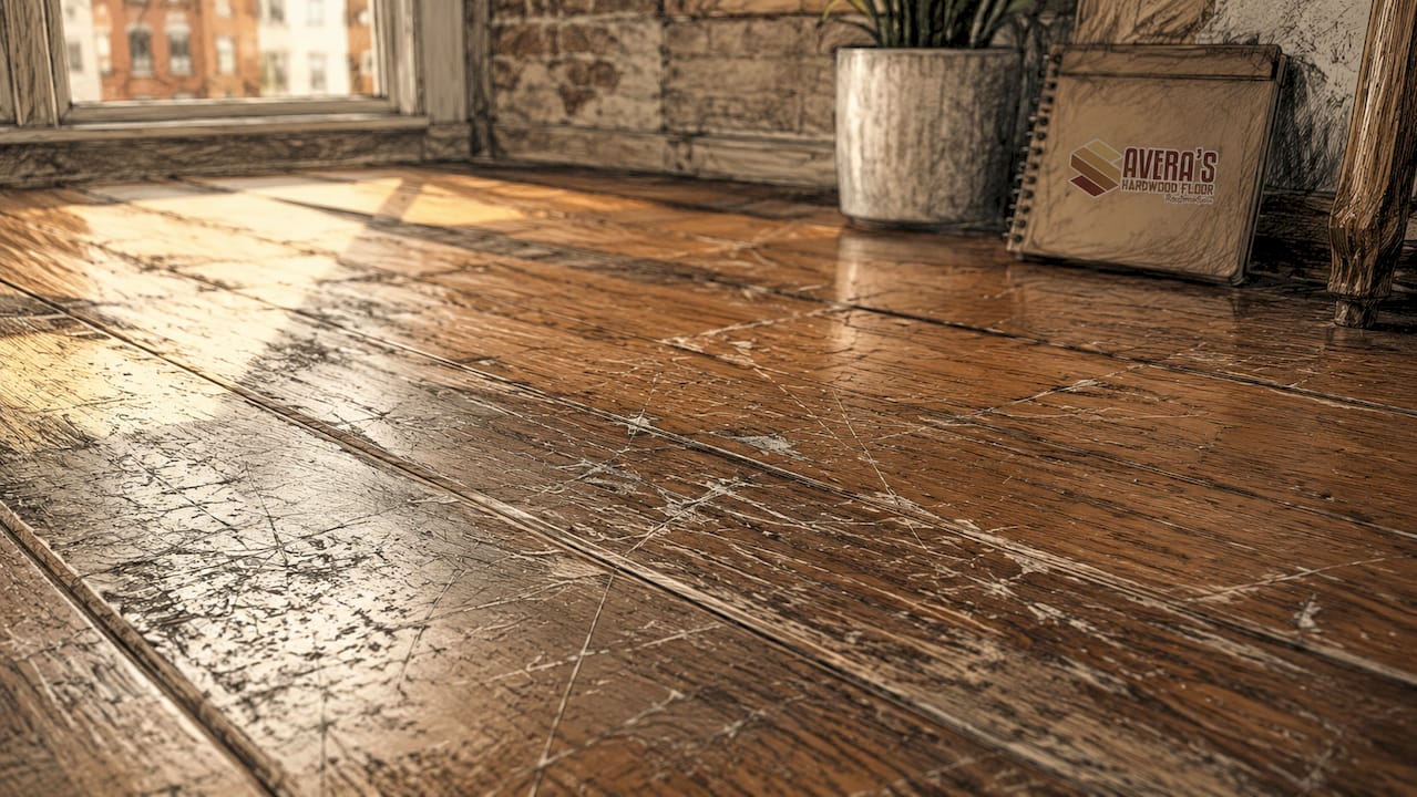 Close-up of worn scratched hardwood floor