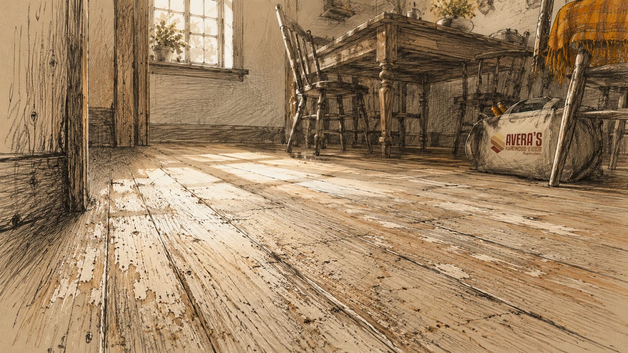 Close-up of aged scratched hardwood floor