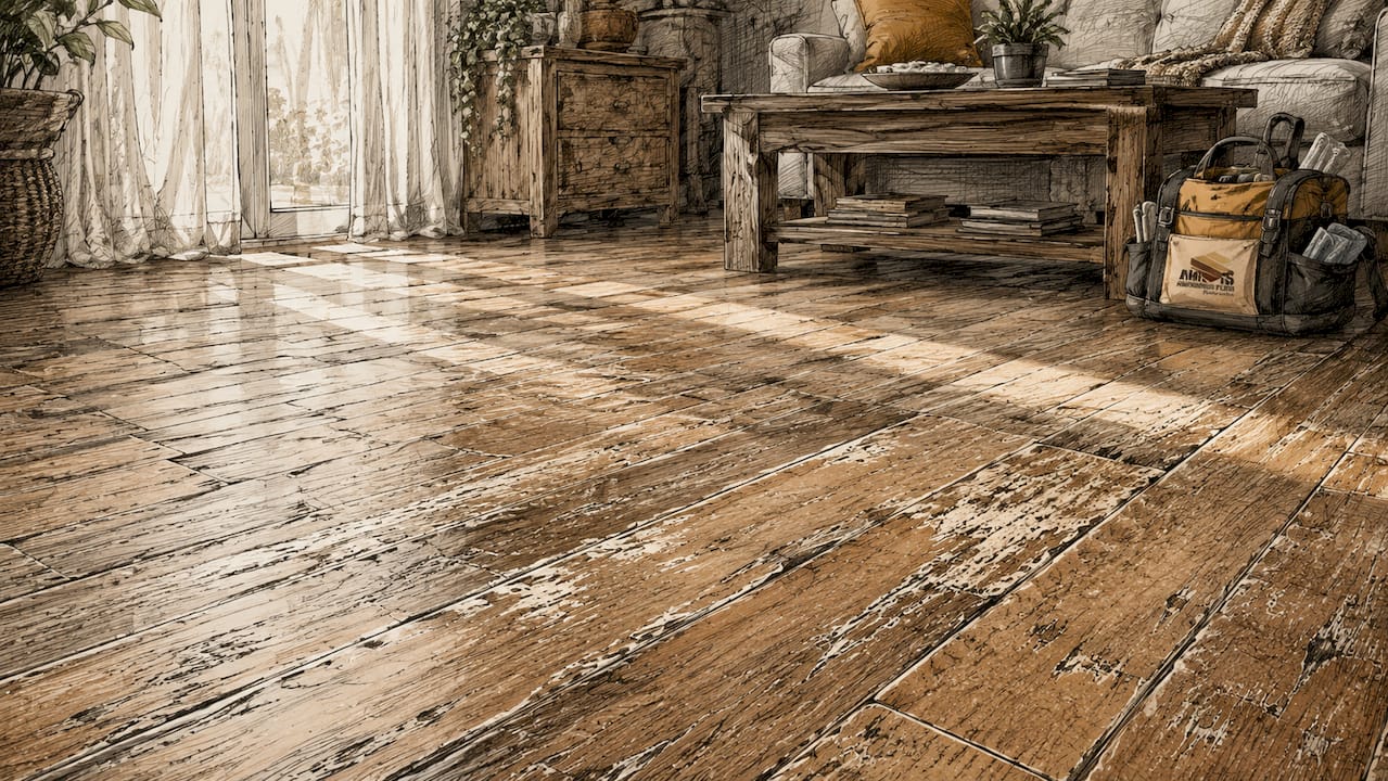 Close-up worn scratched hardwood floor