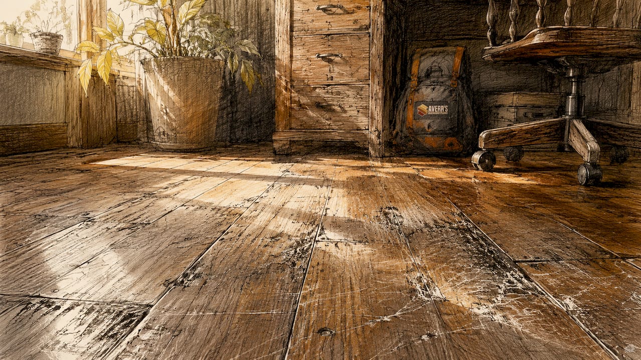 Close-up of worn scratched hardwood floor