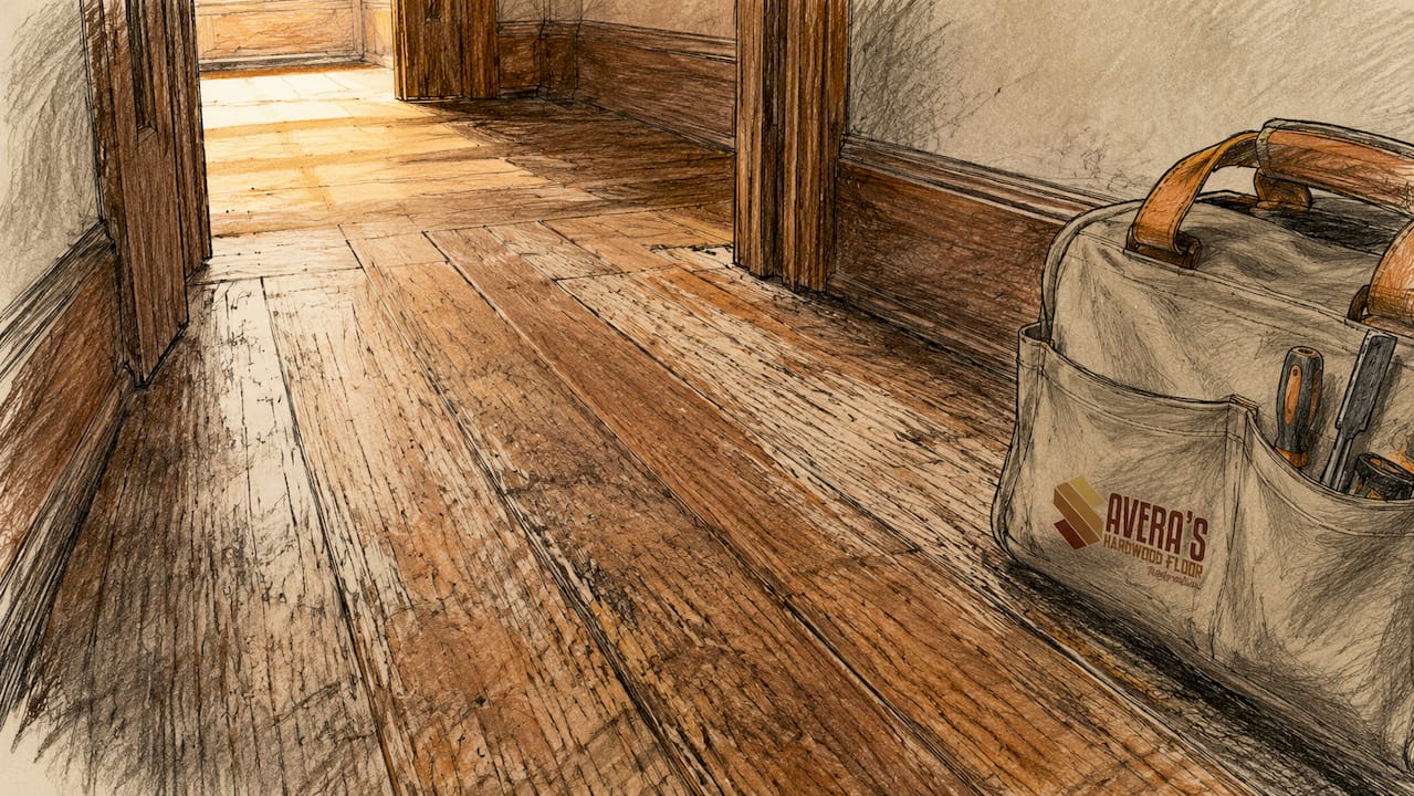 Close-up of worn hardwood floor with scratches