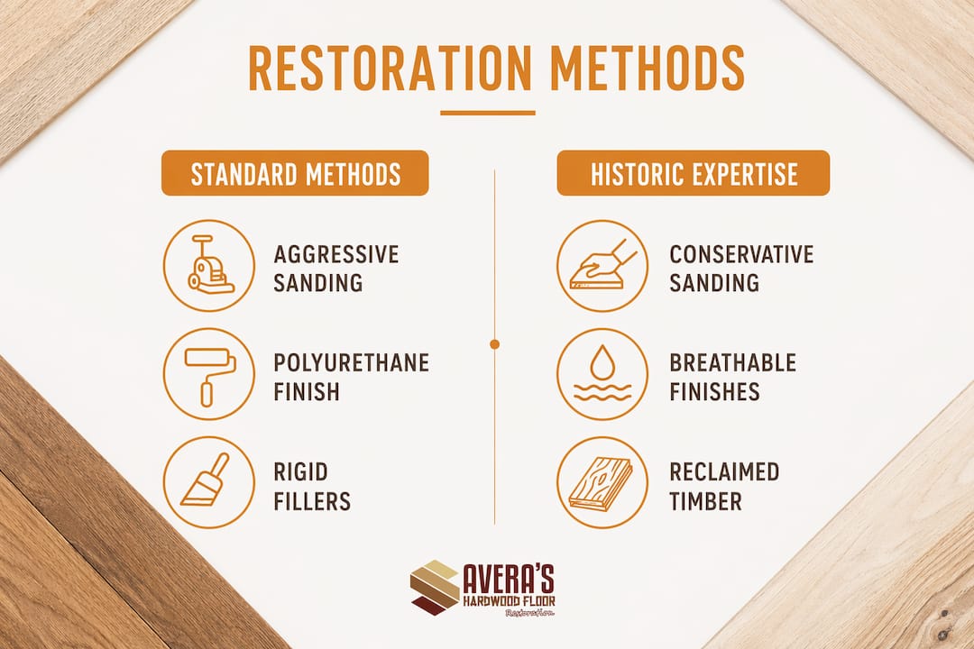 Infographic comparing standard and expert historic floor care methods