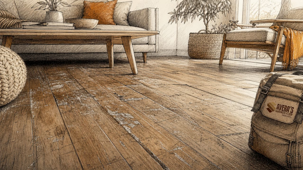 Close-up of dull scratched hardwood floor