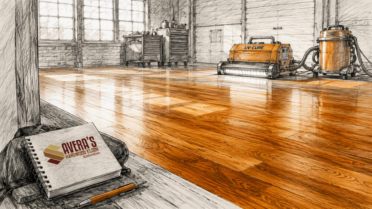 Close-up of refinished hardwood floor with warm tones