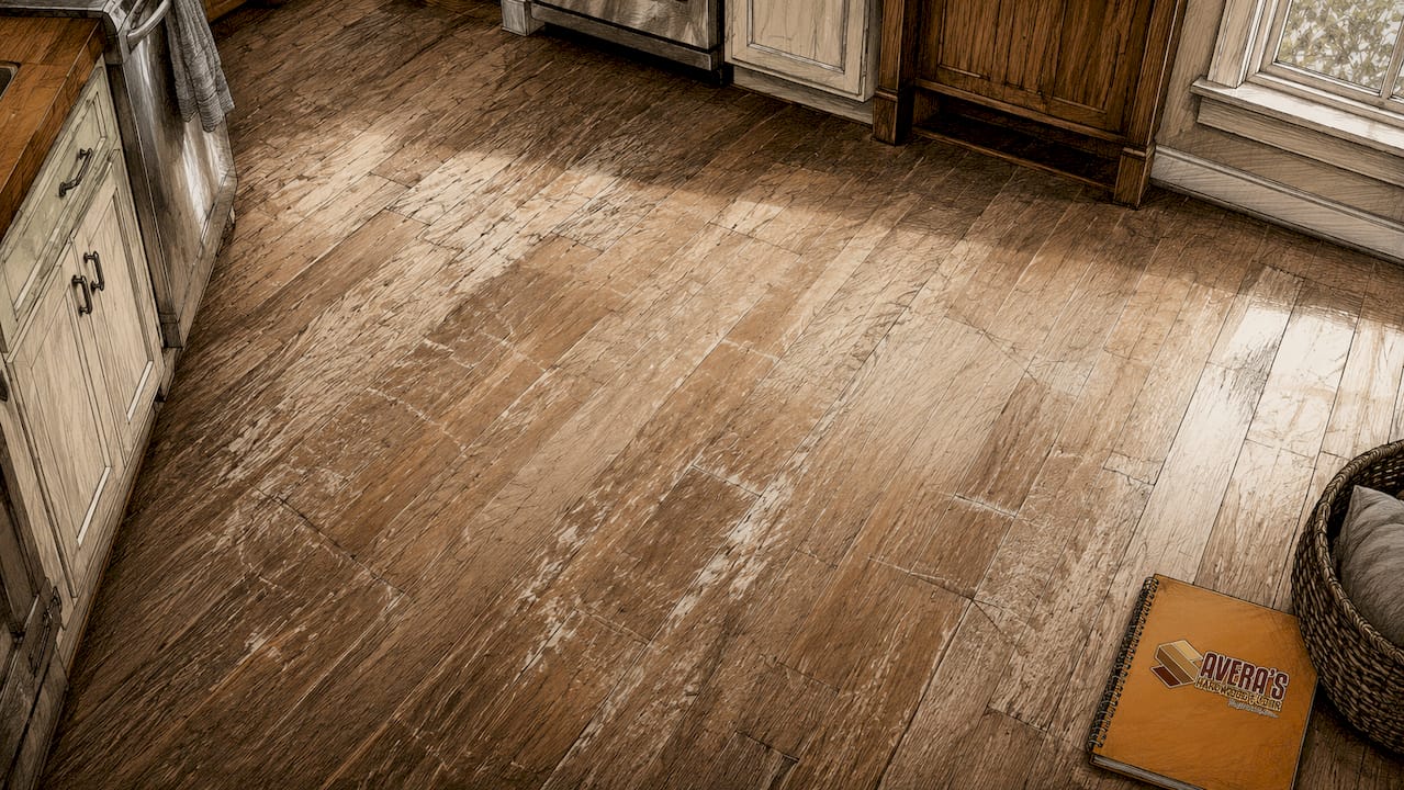 Worn hardwood floor with scratches and dull finish