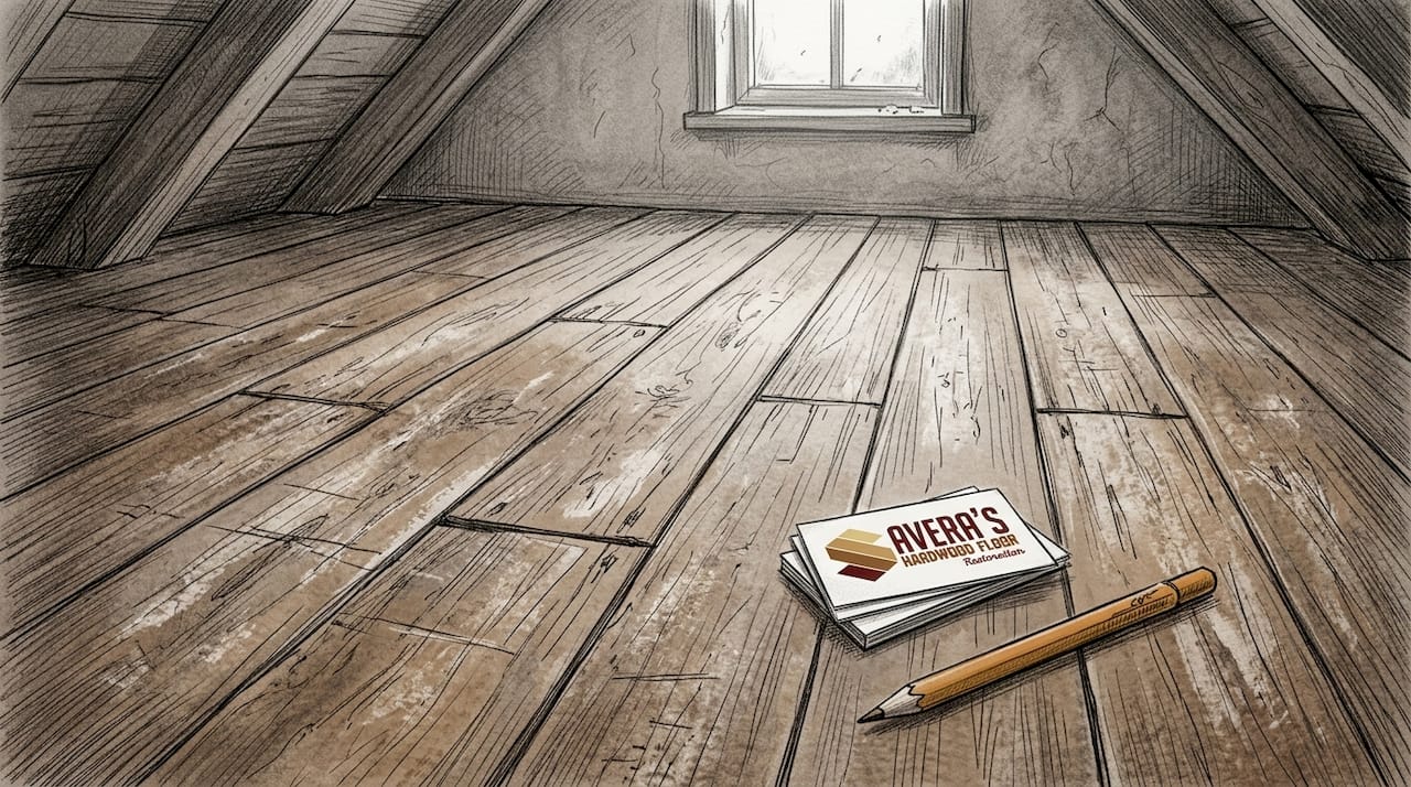 Close-up of worn, scratched commercial hardwood floor