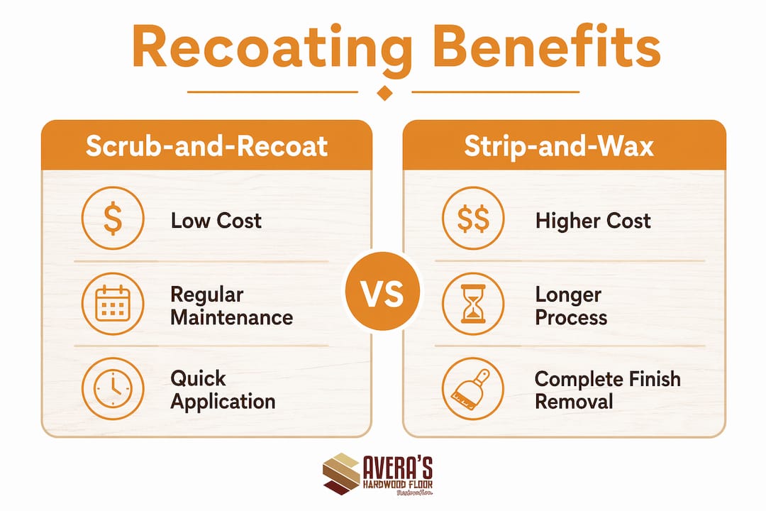 Infographic comparing scrub-and-recoat versus strip-and-wax benefits