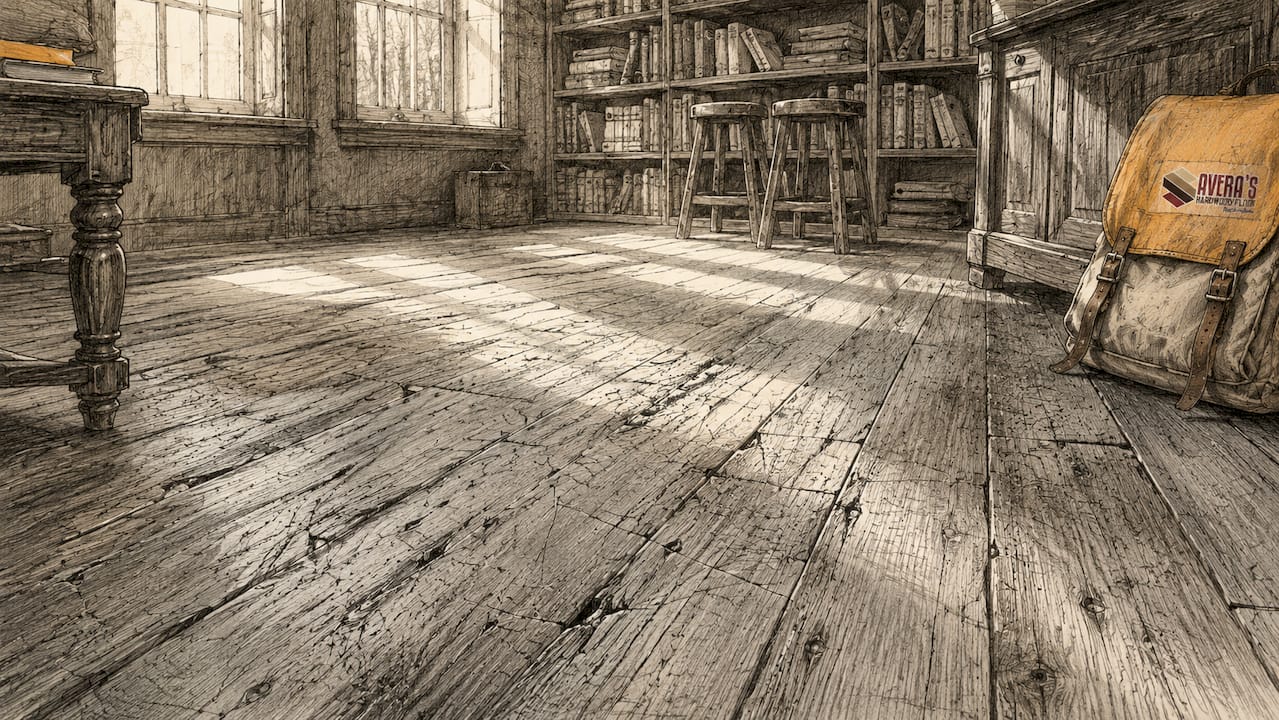 Close-up of worn scratched hardwood floor
