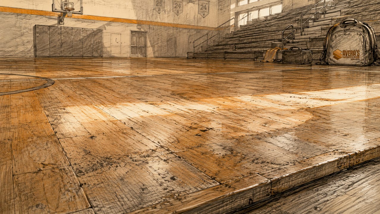 Close-up of scratched, dull gym wood floor surface