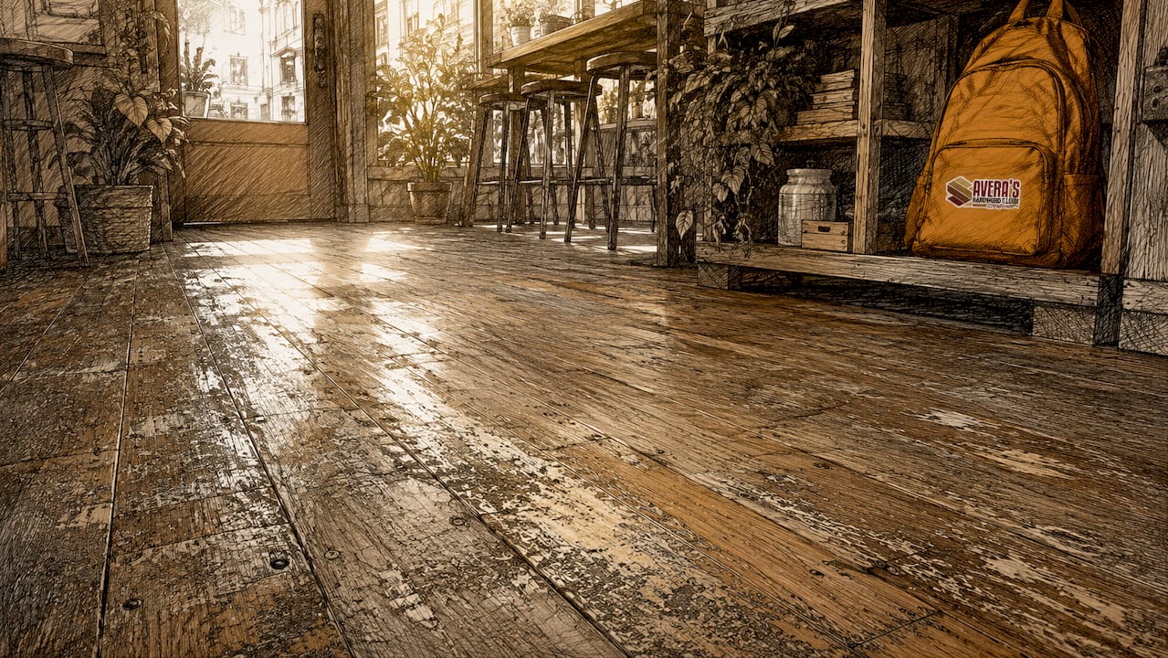 Close-up of worn scratched hardwood floor