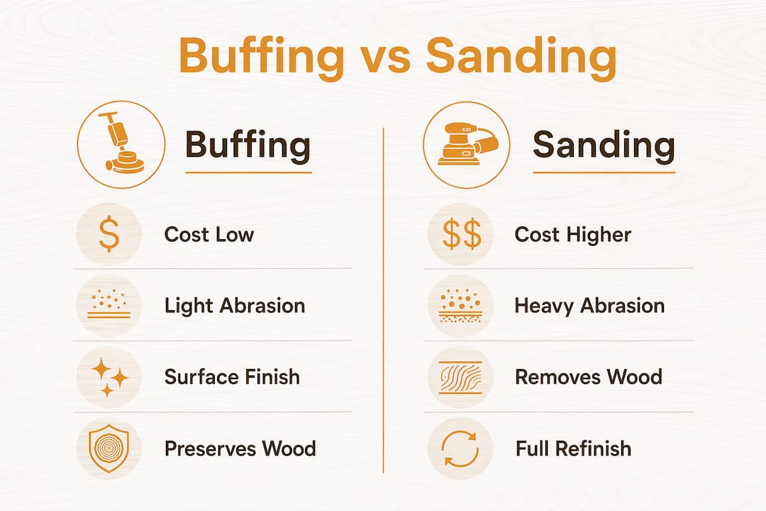 Infographic comparing buffing and sanding hardwood floors