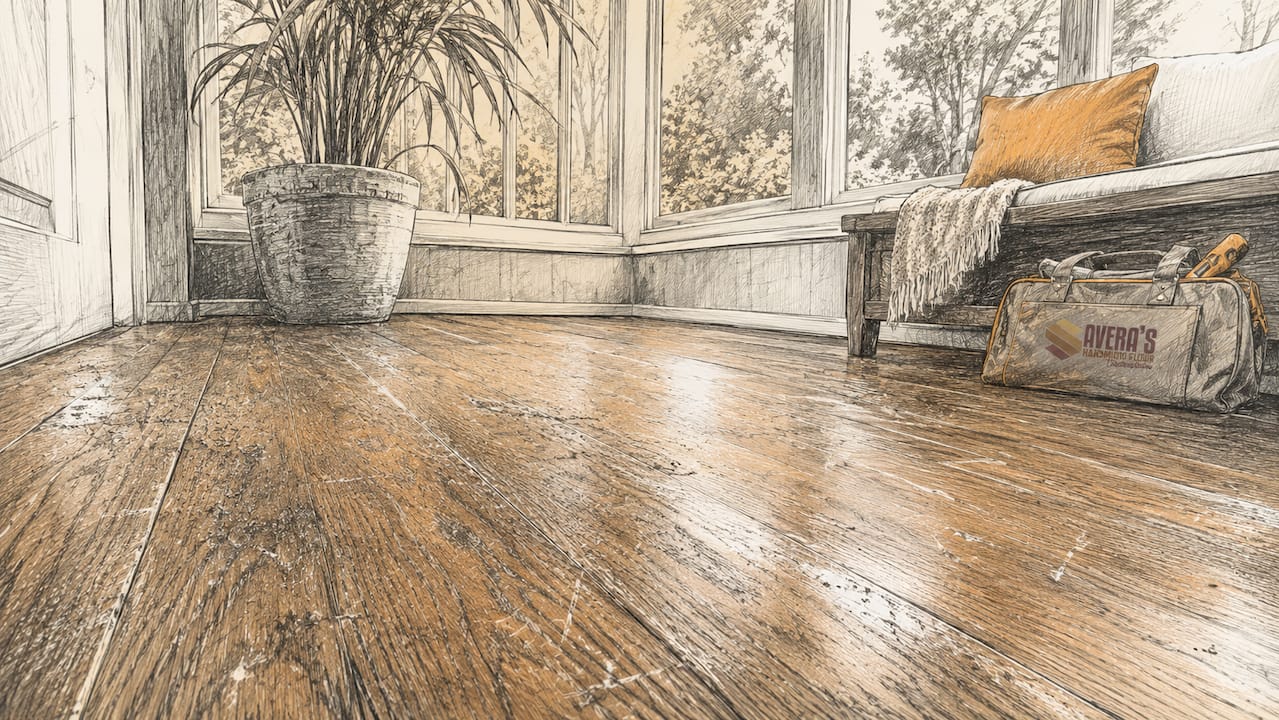 Close-up of worn scratched hardwood floor