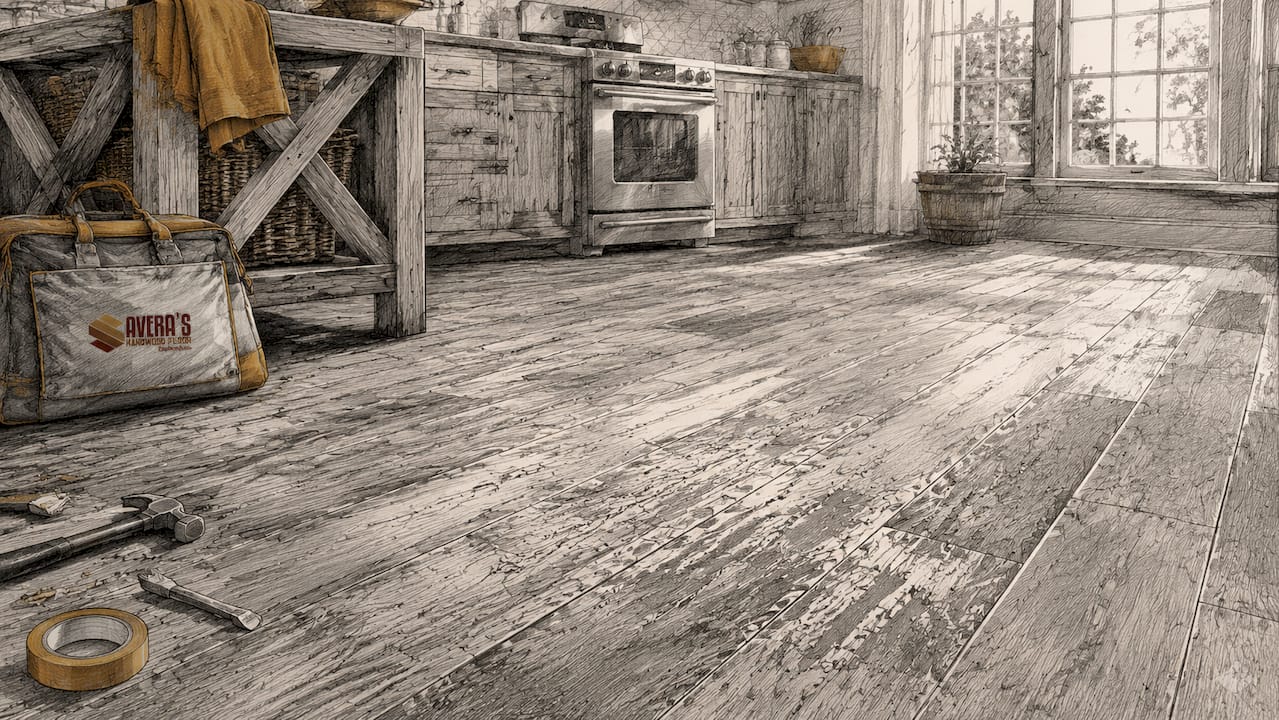 Close-up of worn scratched hardwood floor