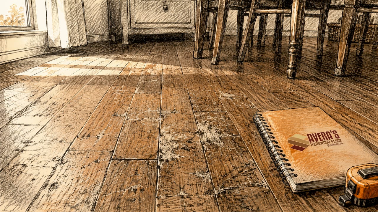 Close-up of worn and scratched hardwood floor