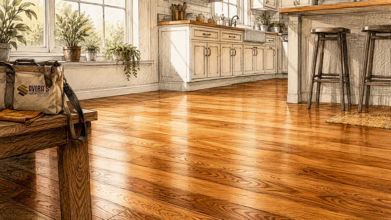 Brightly lit refinished hardwood floor with warm tones