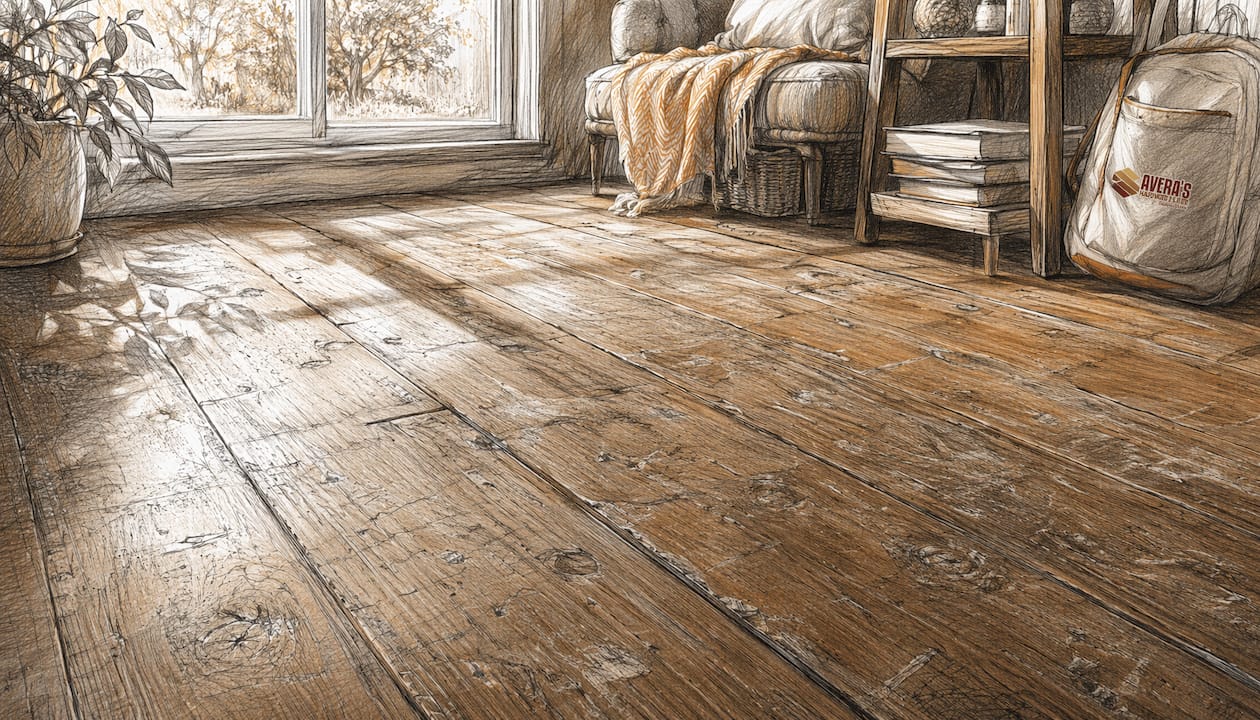 Close-up of worn scratched hardwood floor