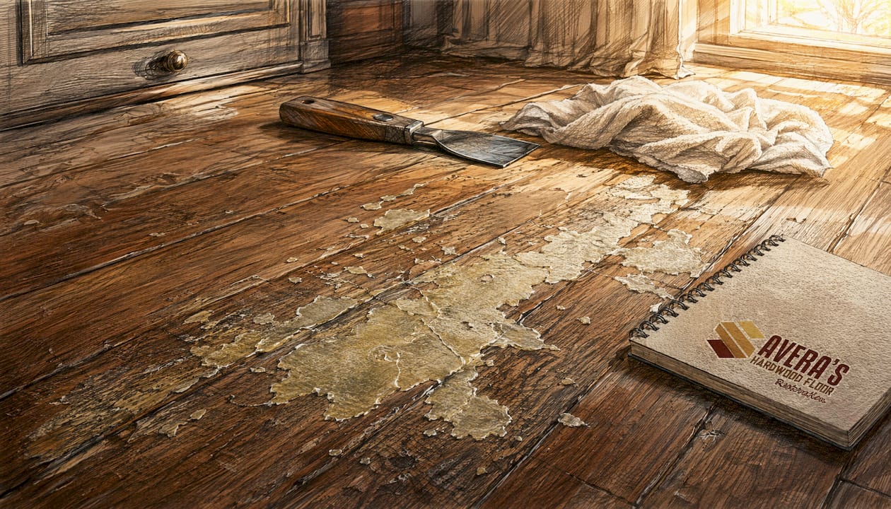 Close-up of scratched hardwood floor with wax buildup