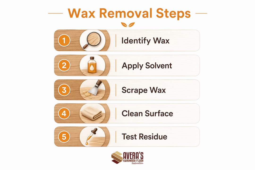 Infographic showing key wax removal steps for hardwood floors