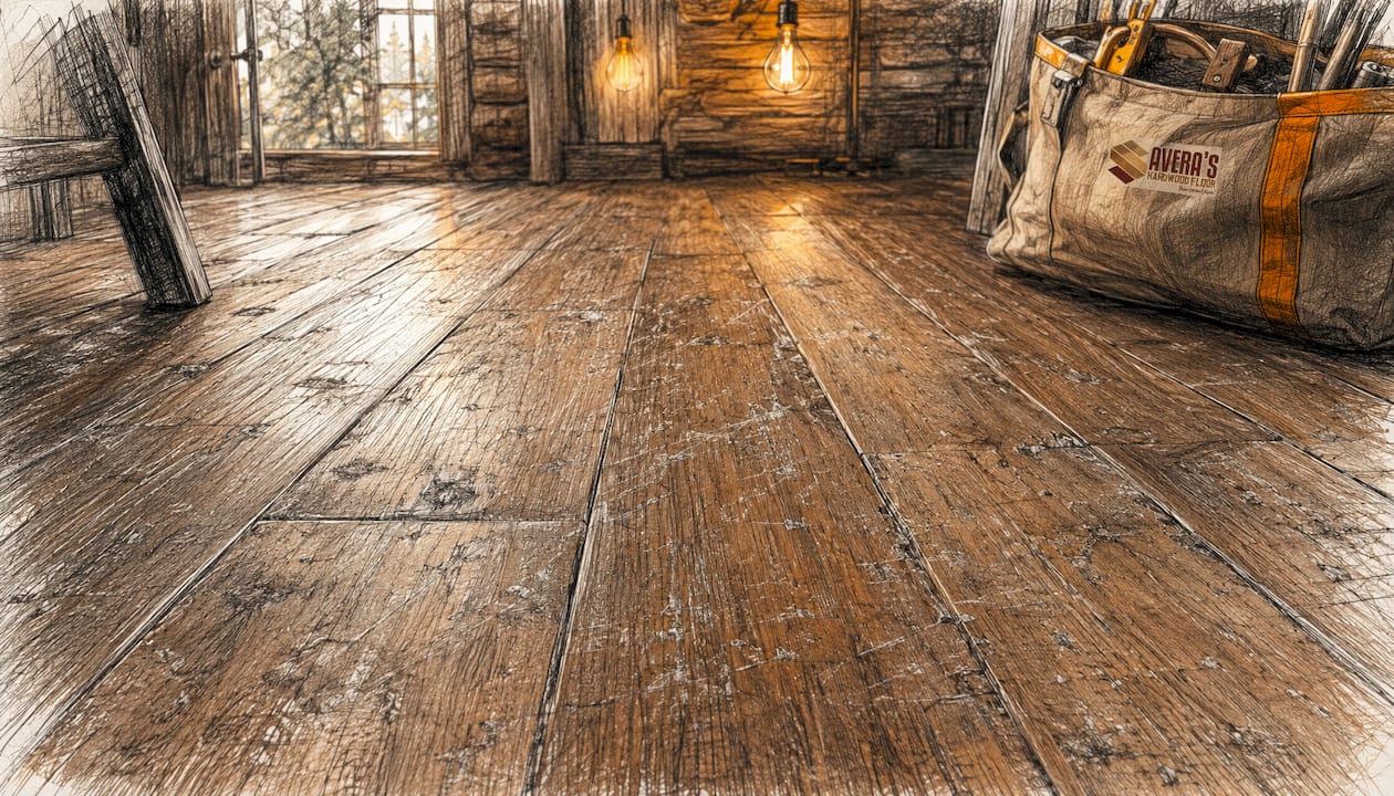Close-up of worn and scratched hardwood floor