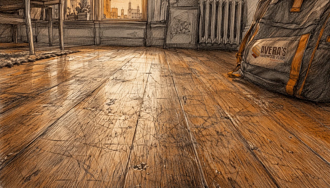 Close-up of worn scratched hardwood floor