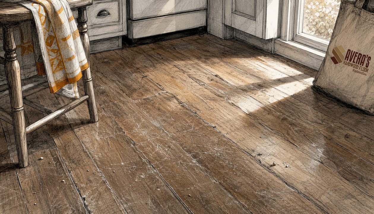 Close-up of worn scratched hardwood floor surface