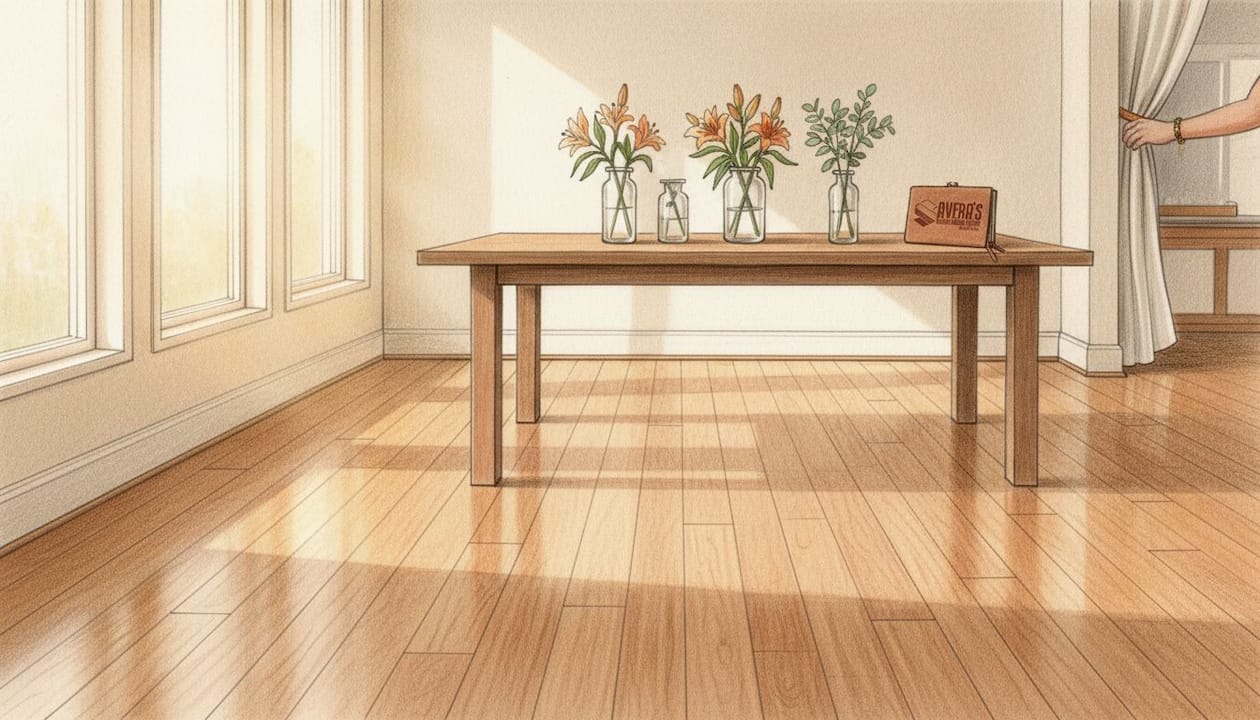 Brightly lit refinished hardwood floor with warm tones
