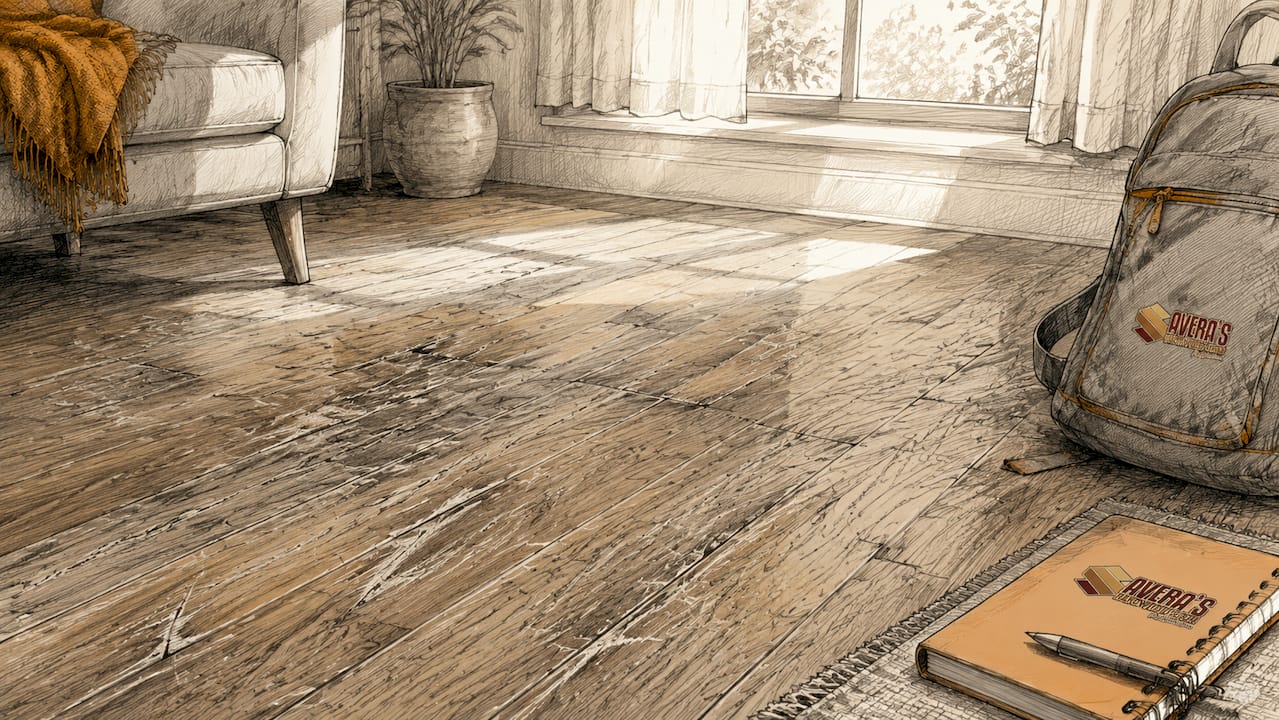Close-up of worn damaged hardwood floor