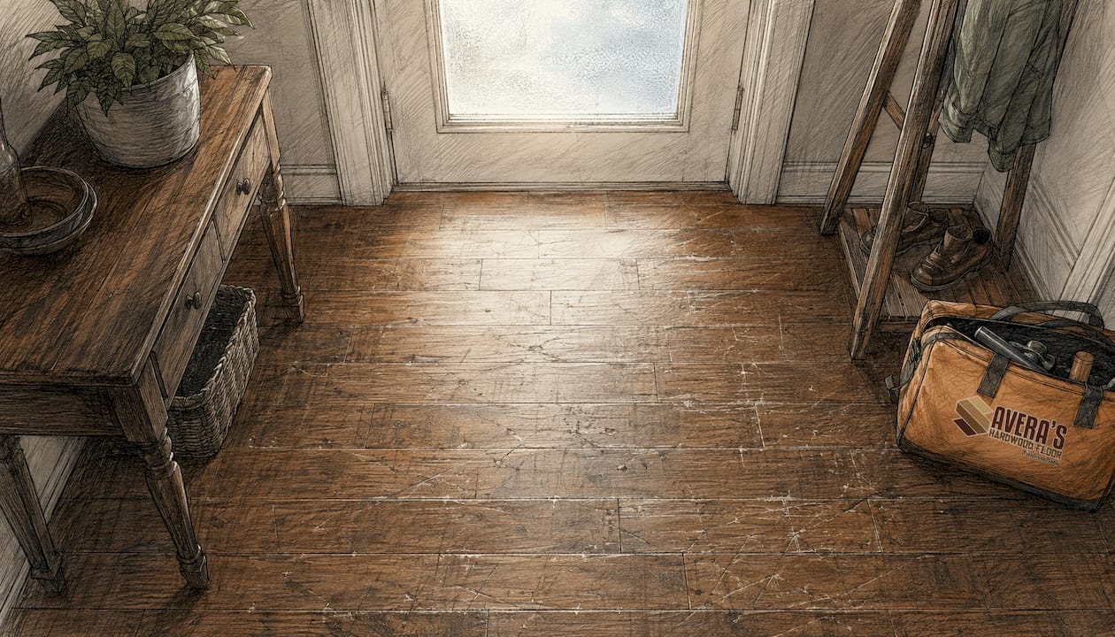 Close-up worn scratched hardwood floor