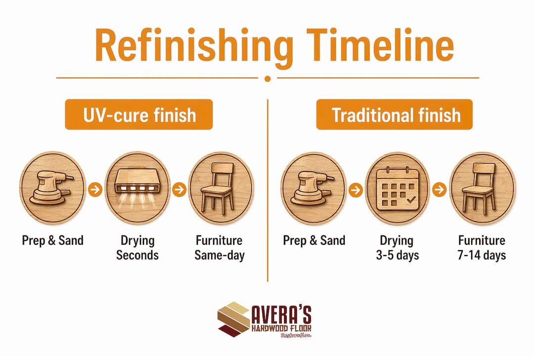 Infographic comparing UV-cure and traditional floor finishing timelines