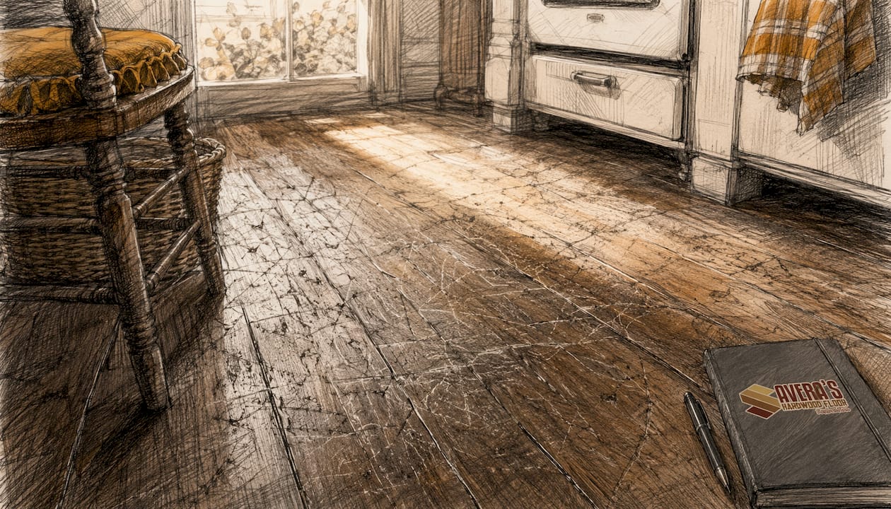 Close-up of worn scratched hardwood floor