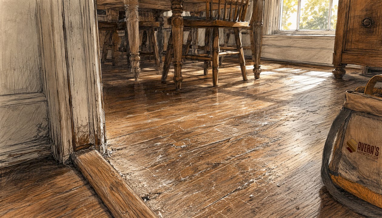Close-up of worn scratched hardwood floor