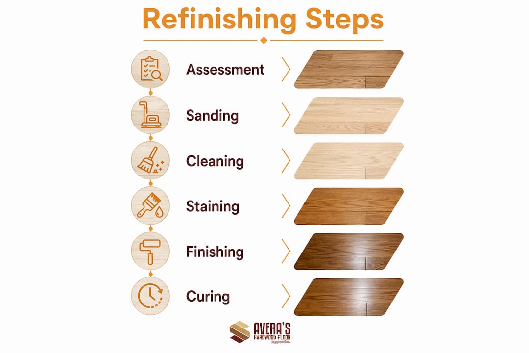Infographic showing refinishing process steps from assessment to curing