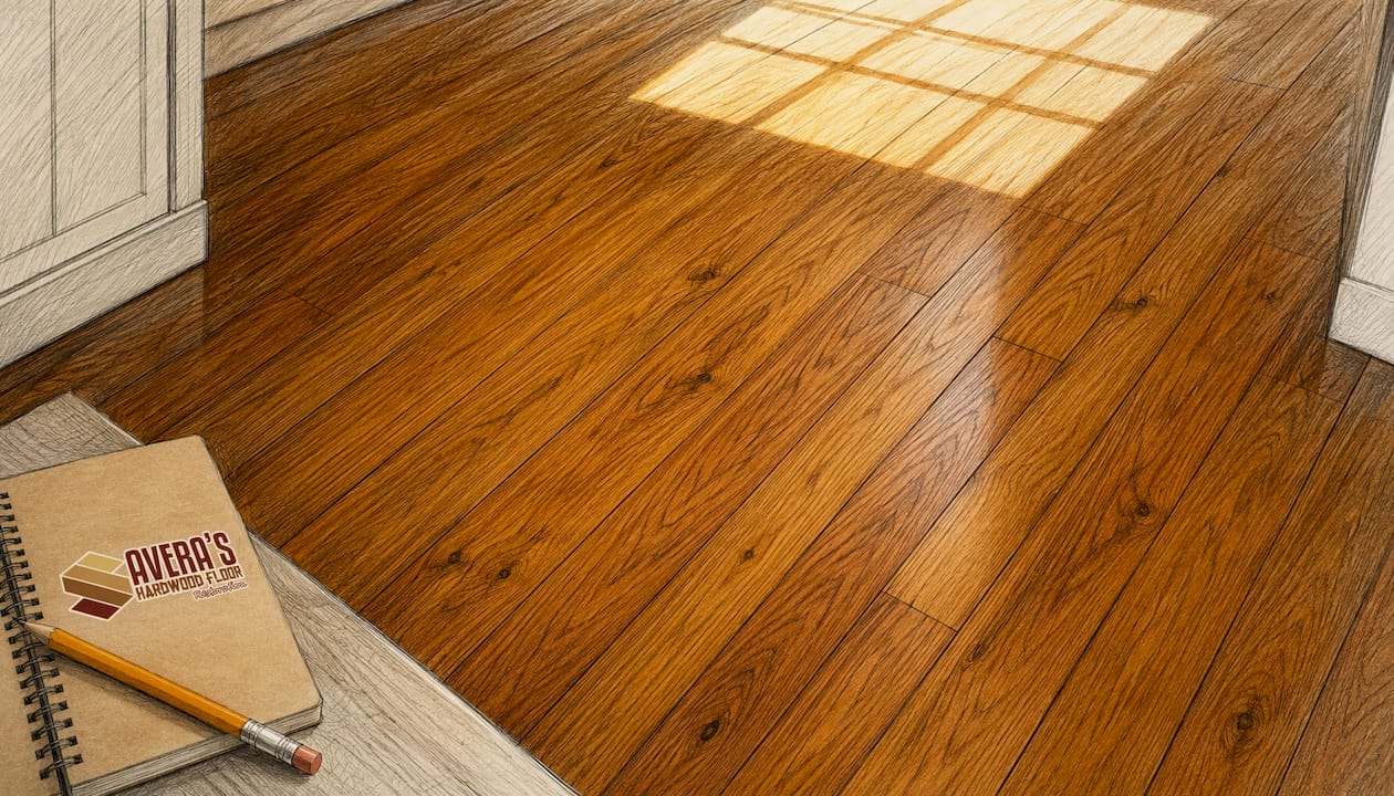 After refinishing, warm-toned hardwood floor