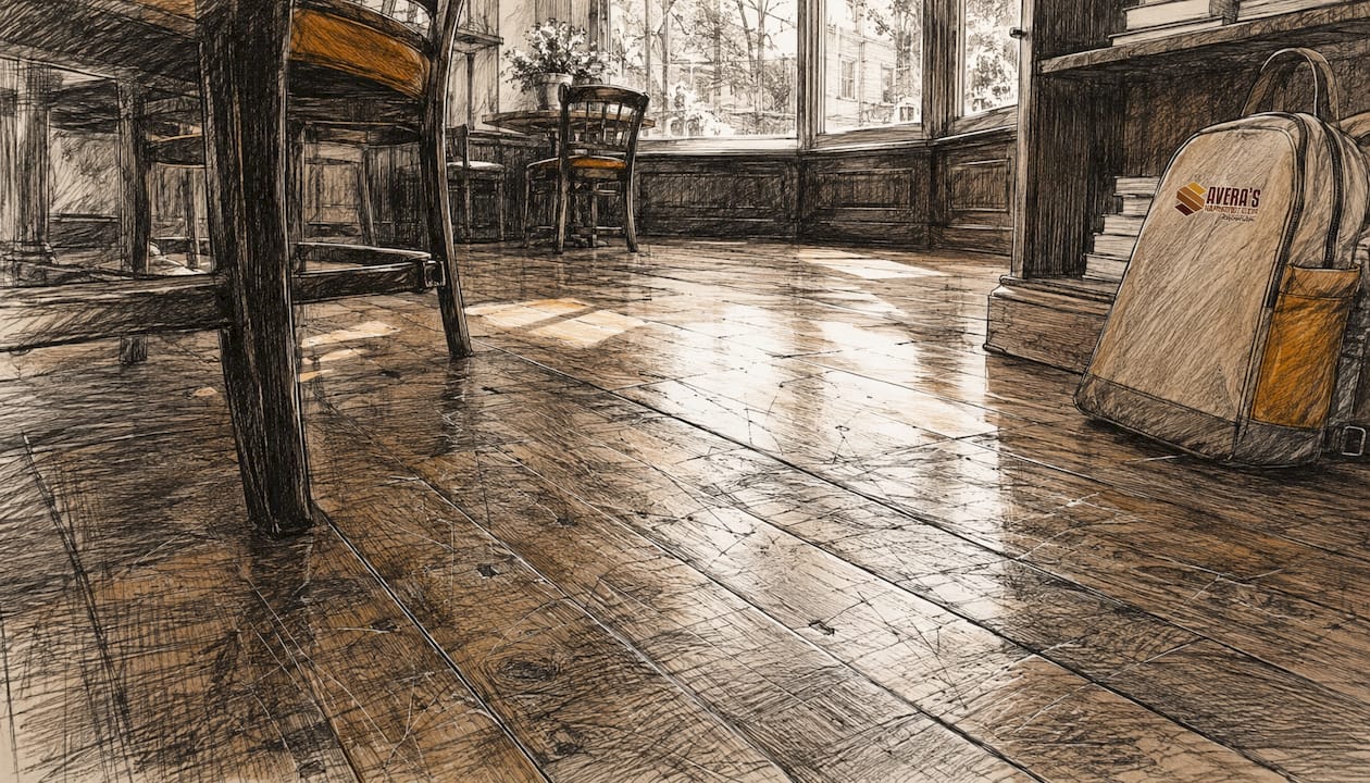 Close-up of worn scratched hardwood floor