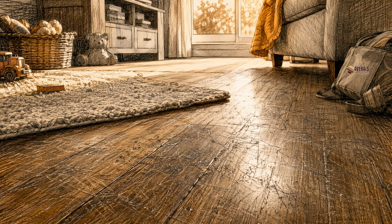 Close-up of worn scratched hardwood floor