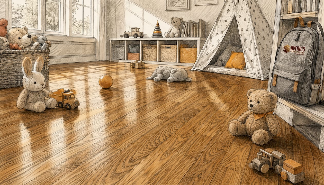 Beautifully refinished hardwood playroom floor after restoration