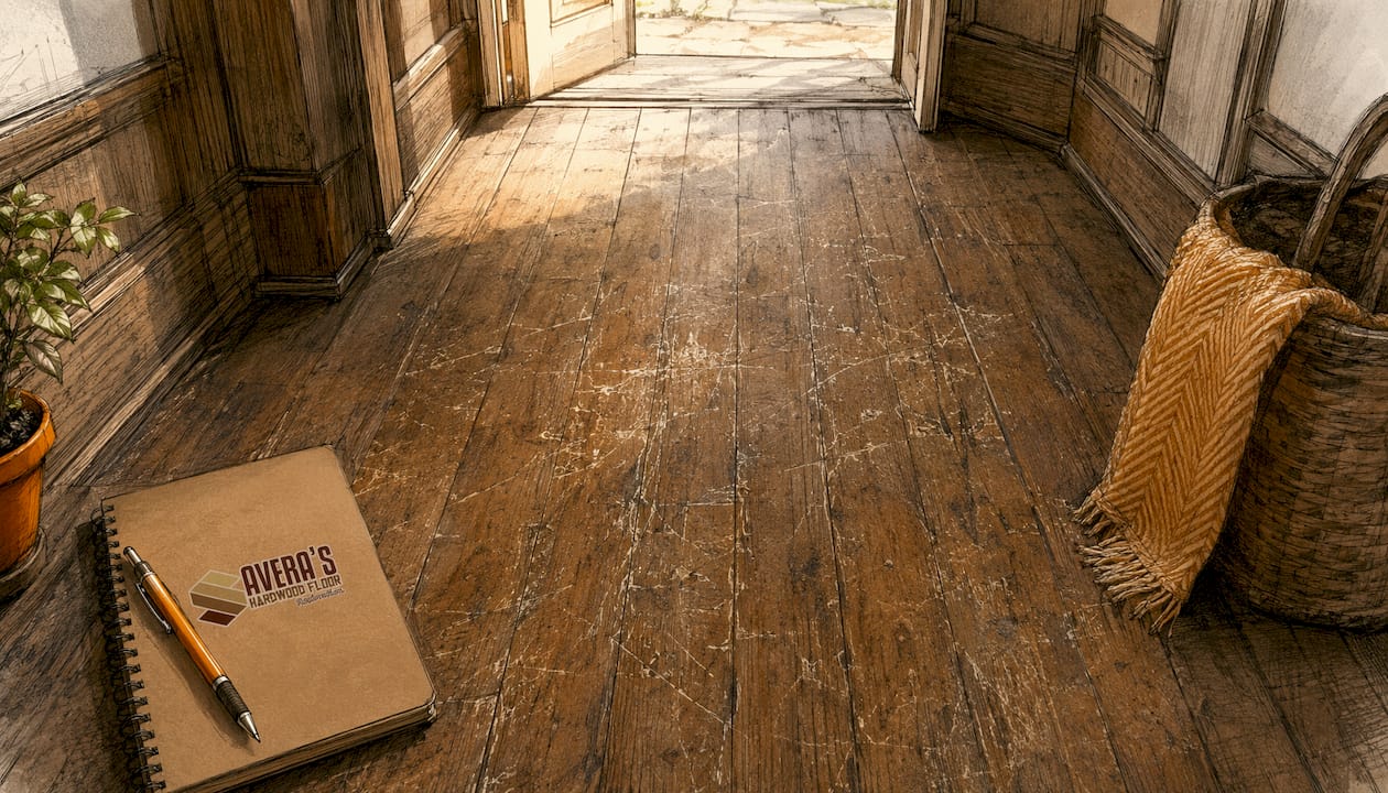 Close-up of worn scratched hardwood floor